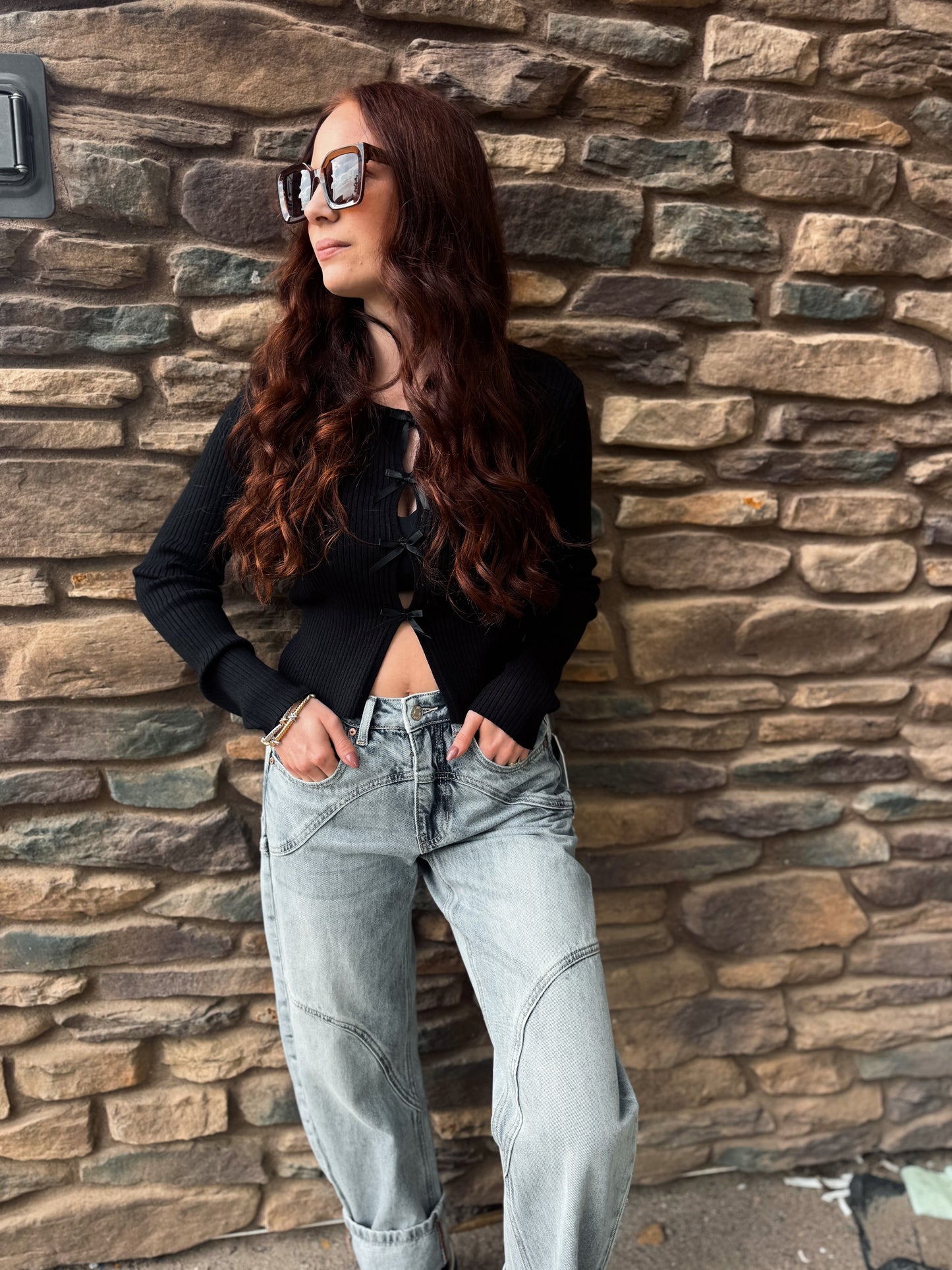 Sweetheart Bow Cutout Ribbed Knit Top