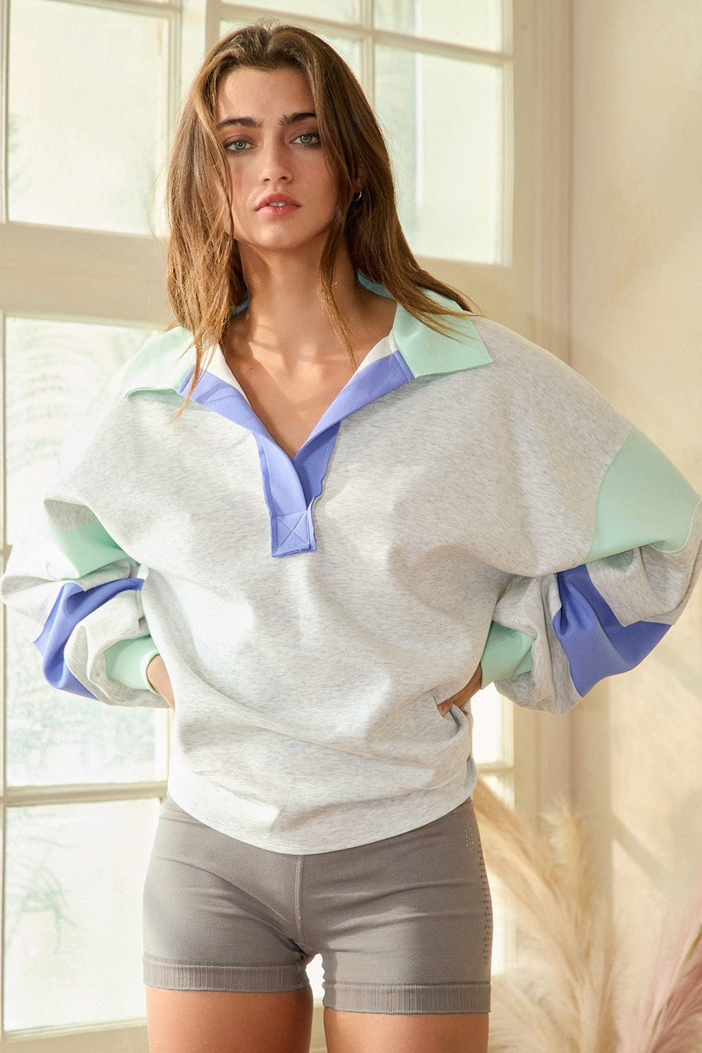 Color Block Collared Oversize Top