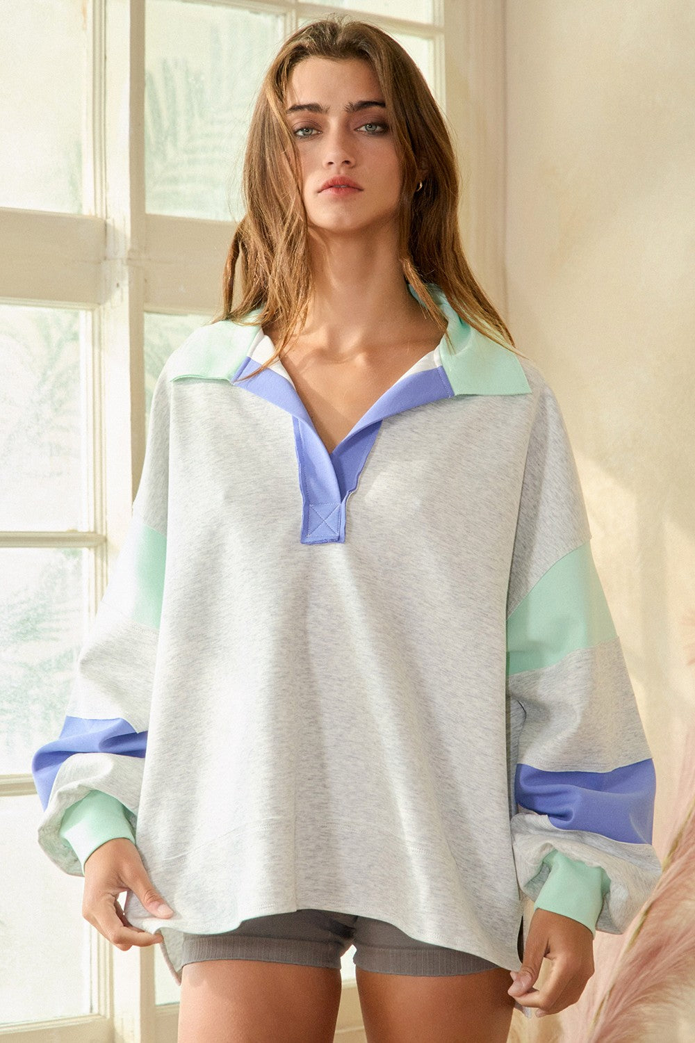 Color Block Collared Oversize Top