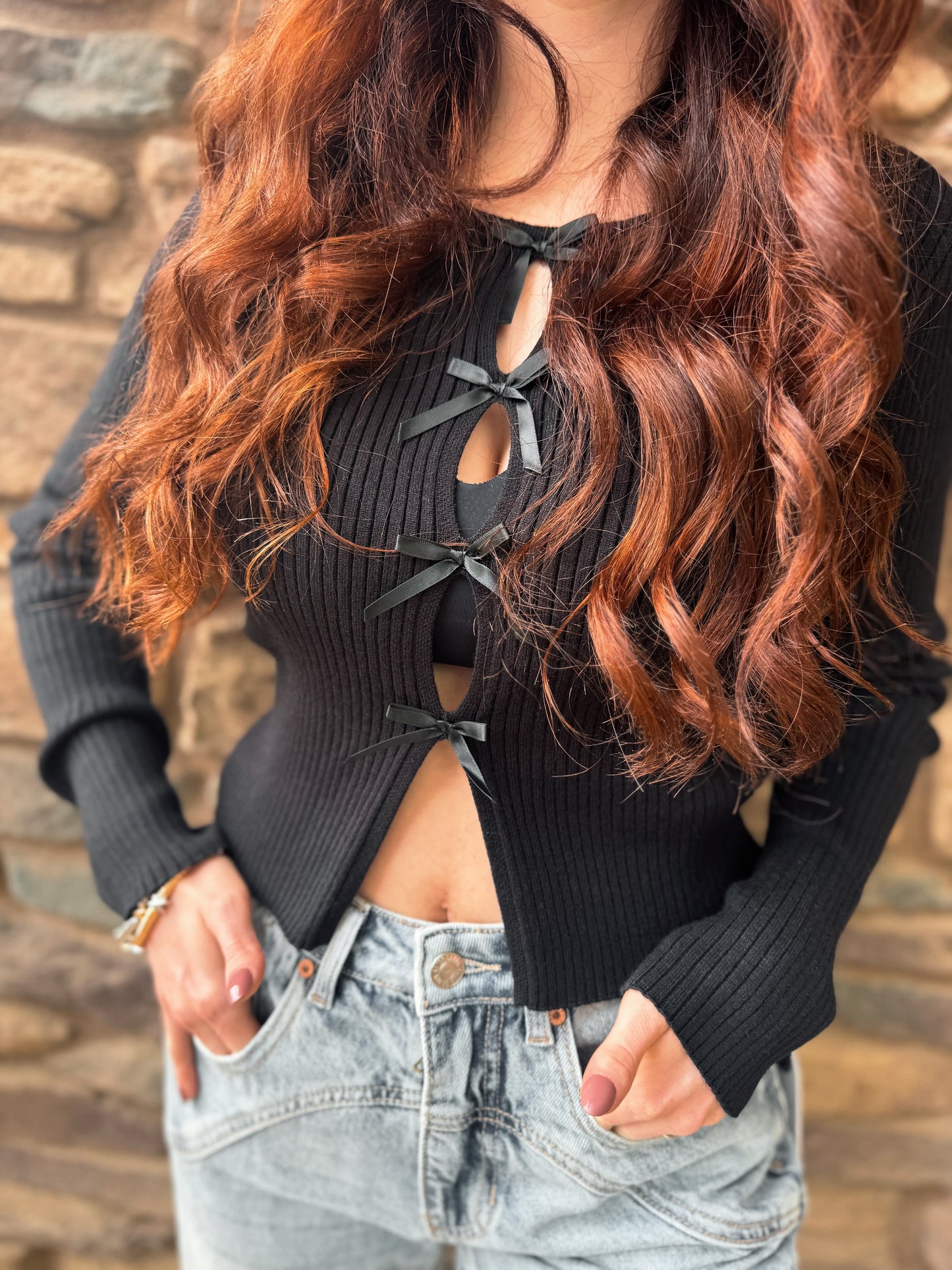 Sweetheart Bow Cutout Ribbed Knit Top