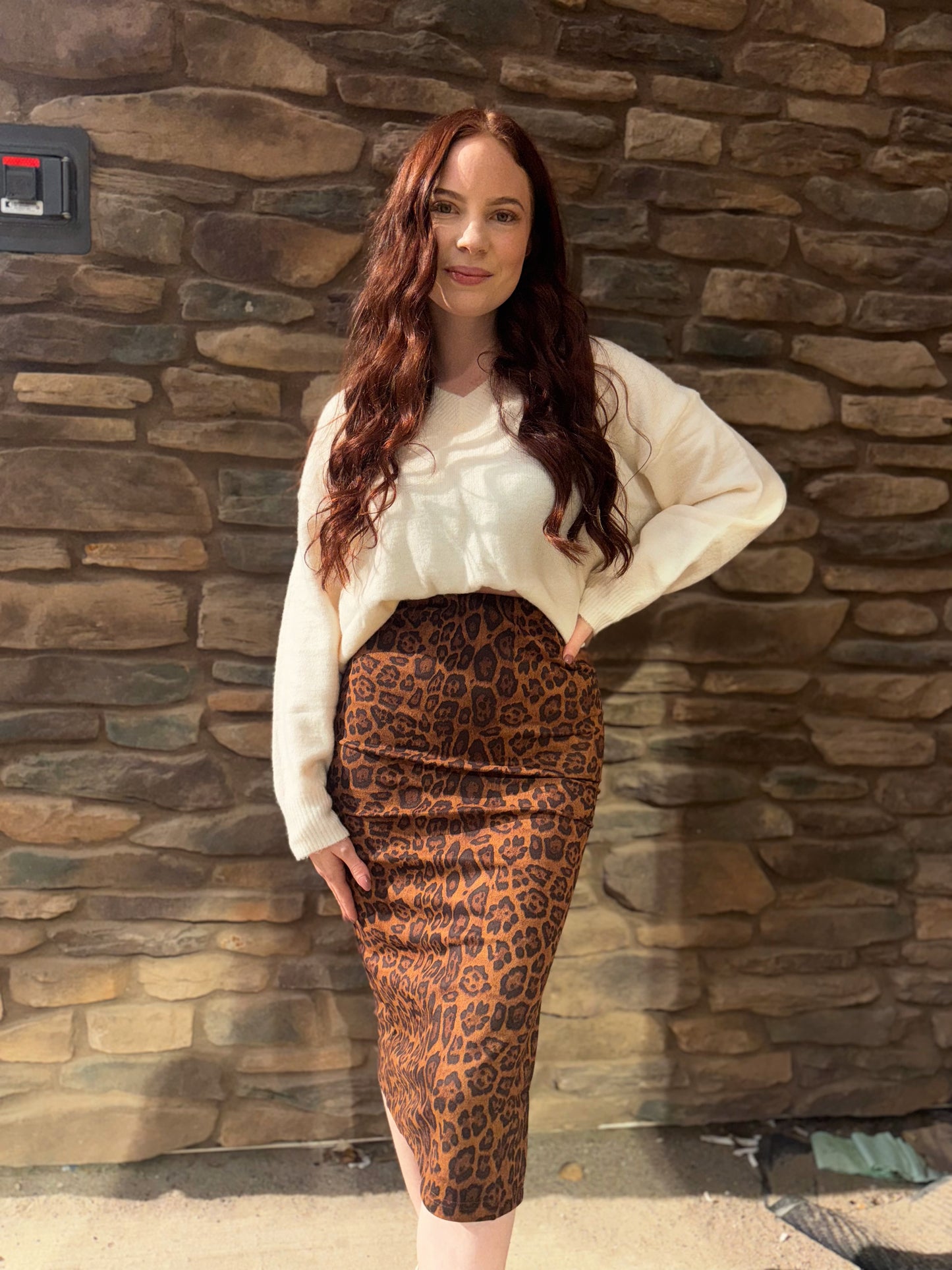 Leopard Print Suede Midi Skirt