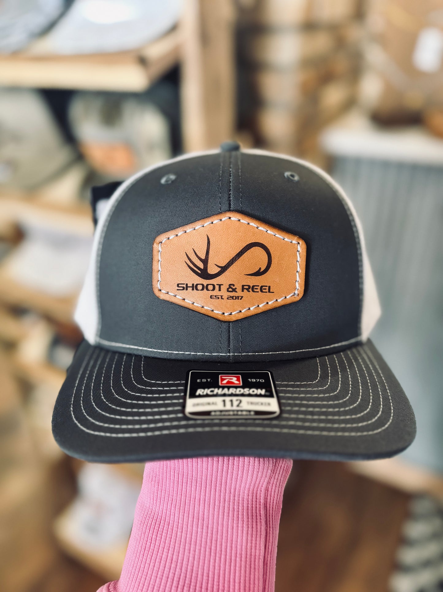 Shoot & Reel Leather Hex Charcoal Logo Men's Hat
