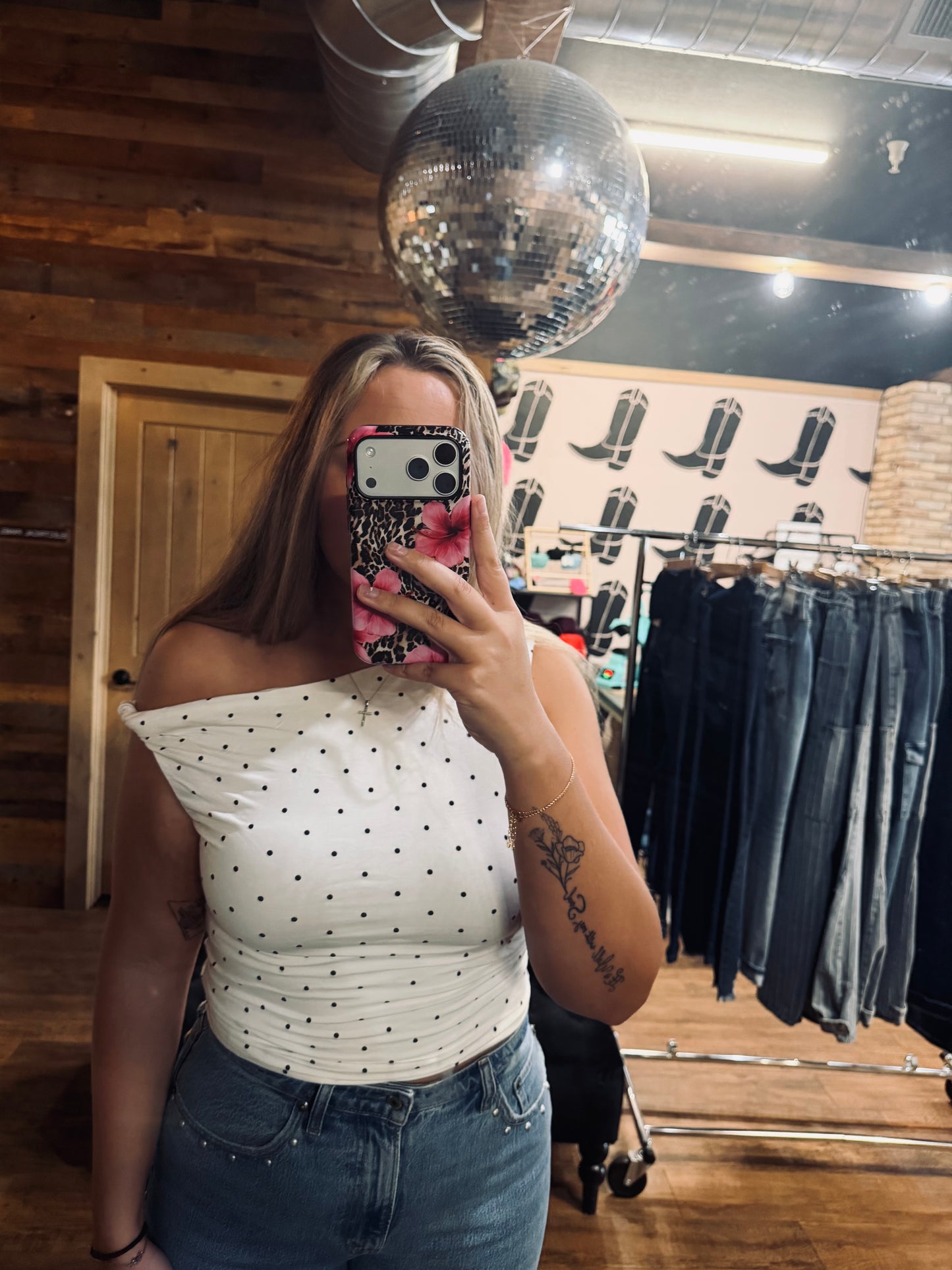 White Polka Dot Off The Shoulder Top
