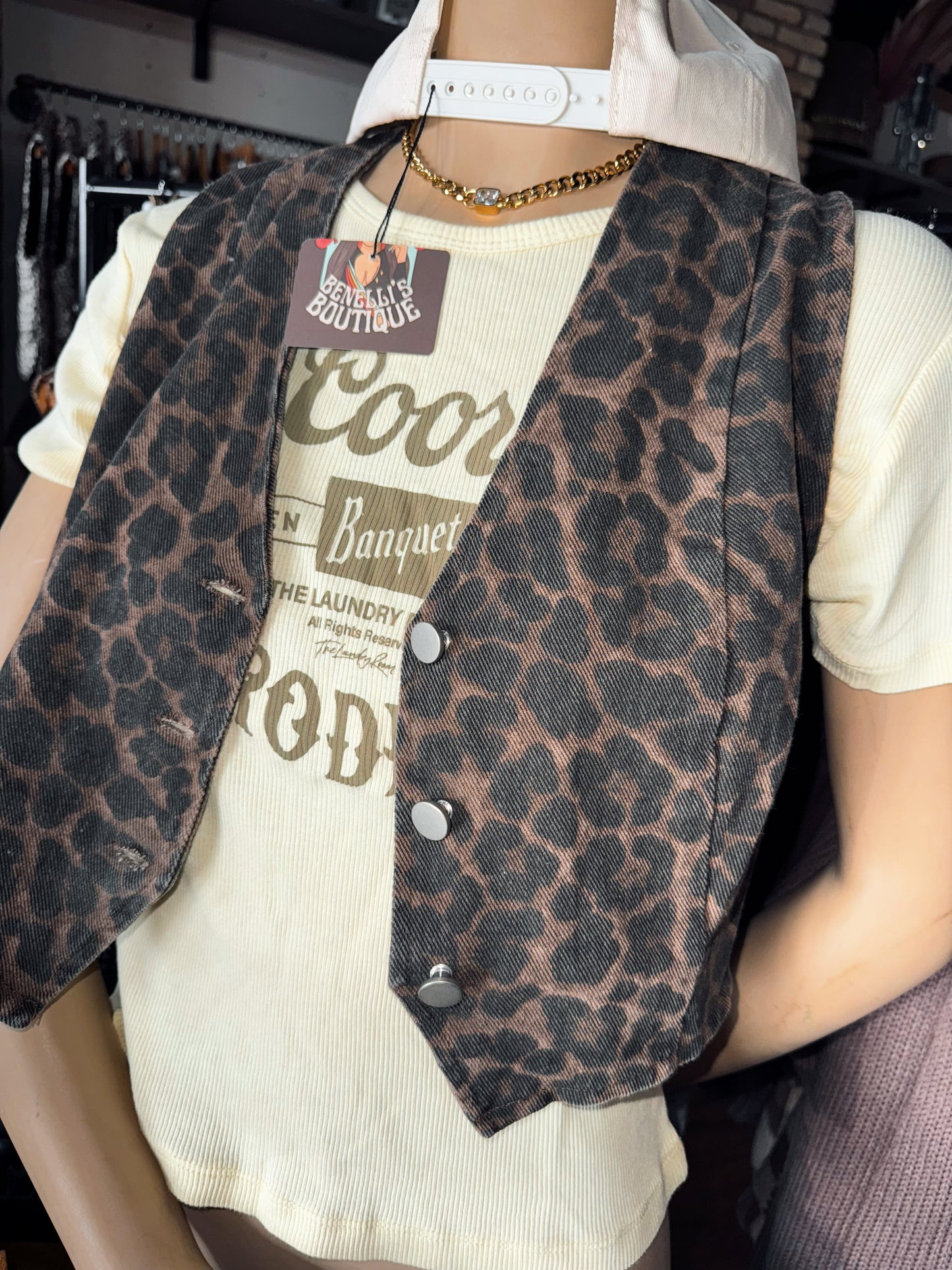 Denim Leopard Button Up Vest