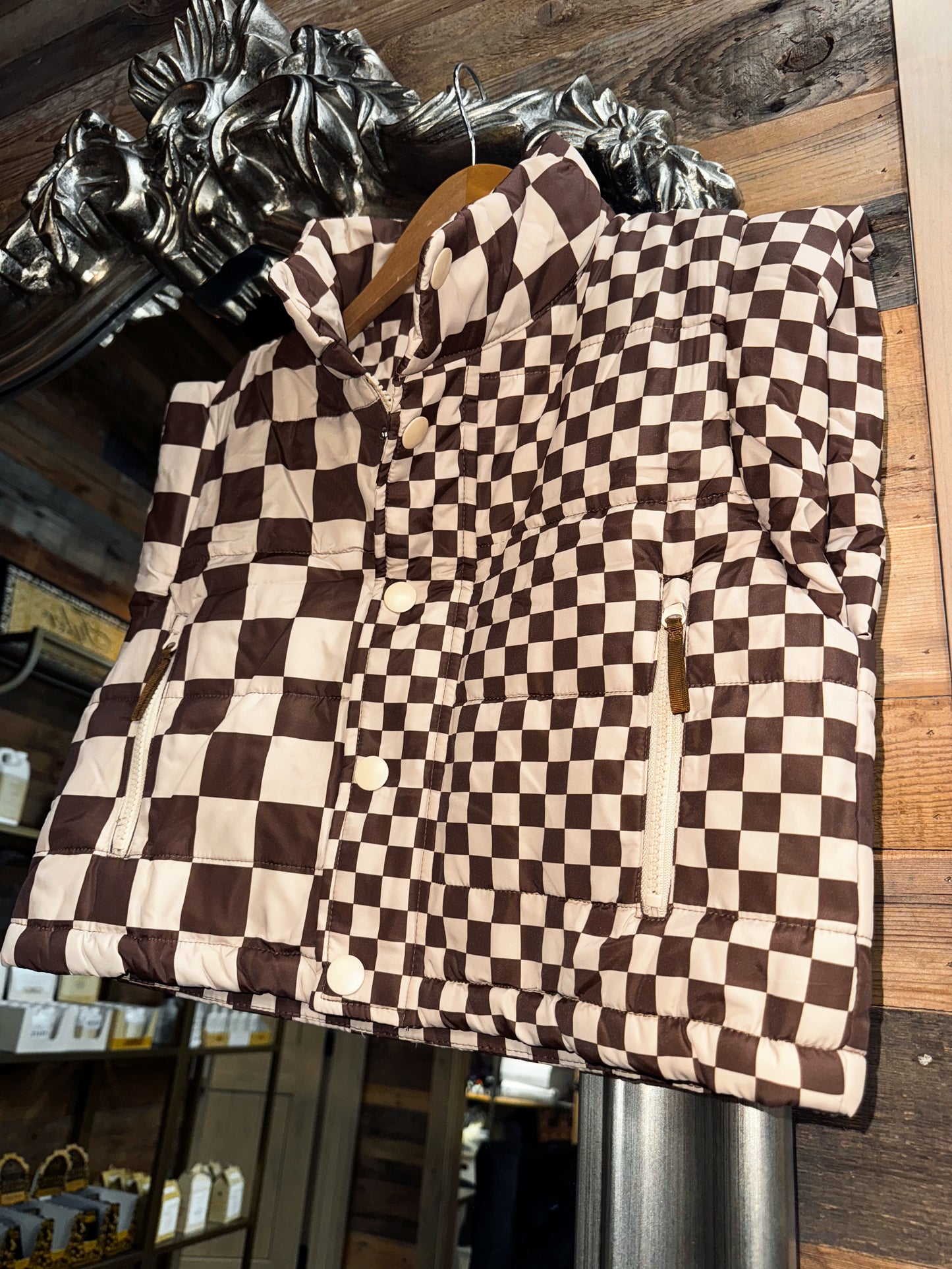 Brown Check Puffer Vest