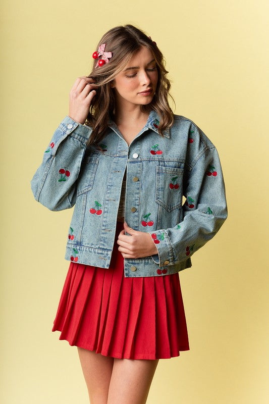 Cherry Embroidered Denim Jacket