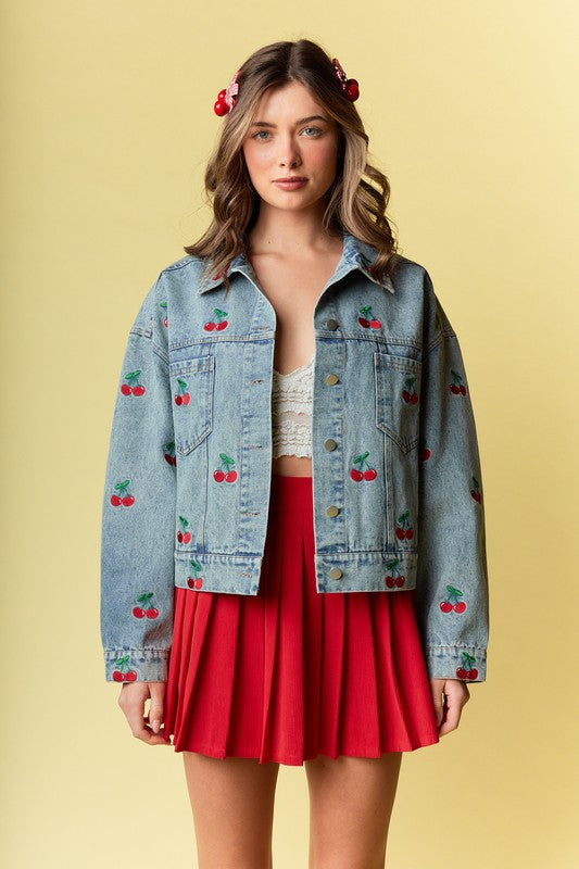 Cherry Embroidered Denim Jacket