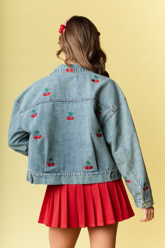 Cherry Embroidered Denim Jacket