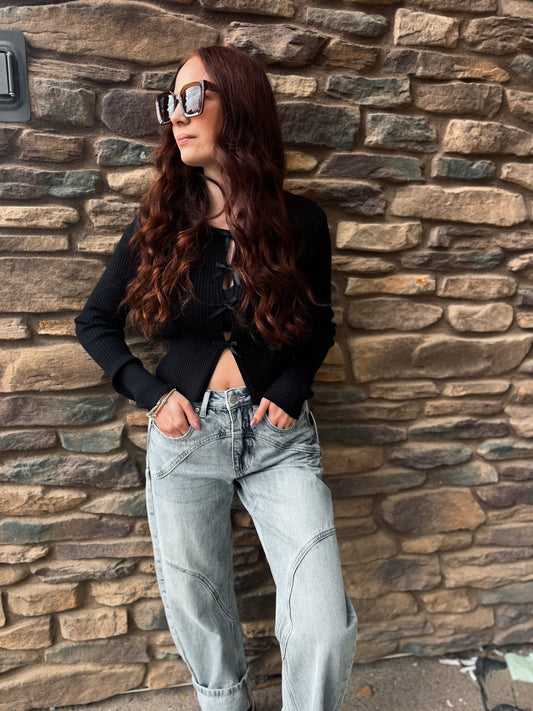 Sweetheart Bow Cutout Ribbed Knit Top