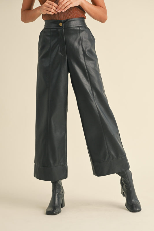 Black Faux Leather Wide Straight Leg Pants