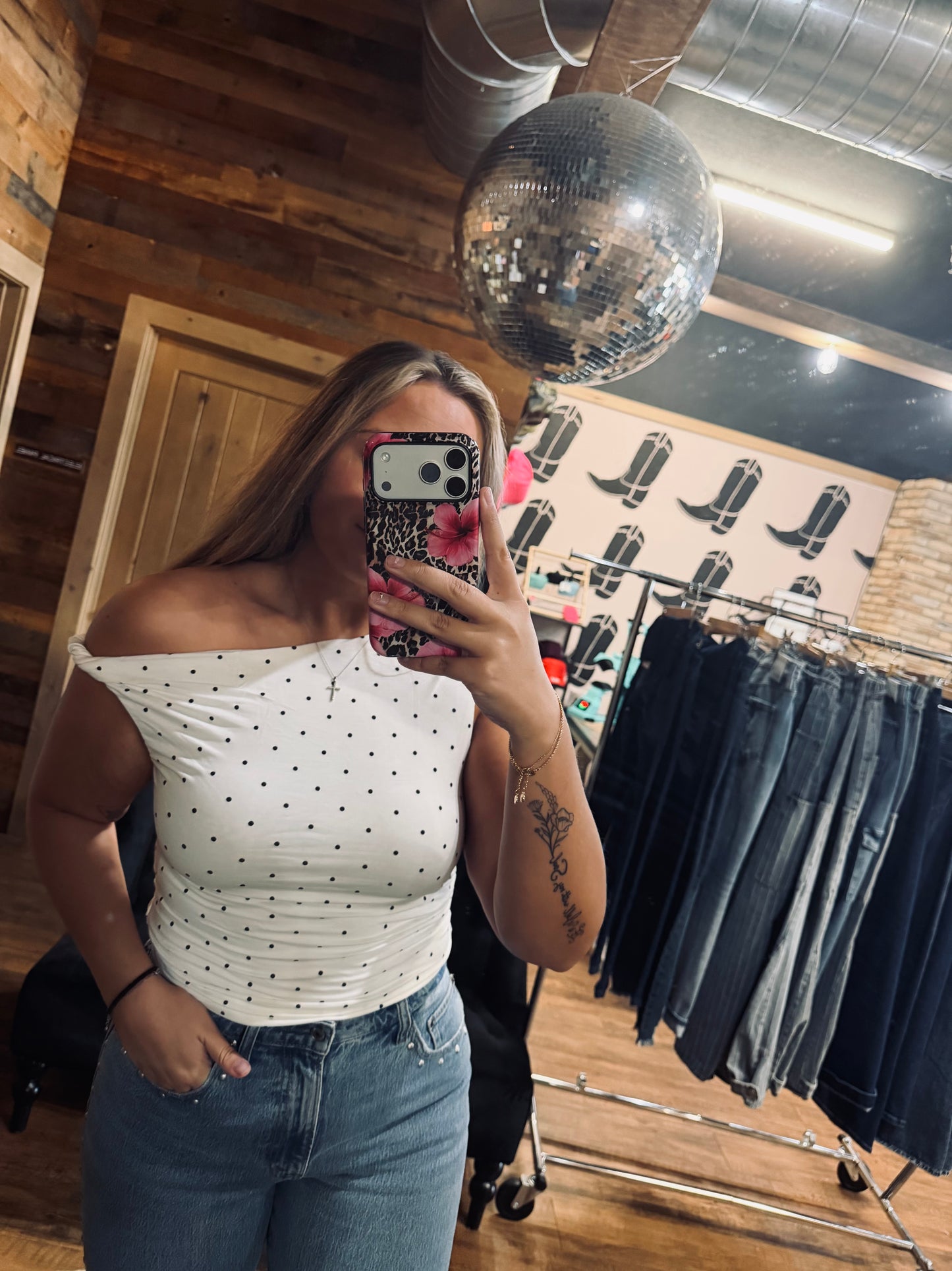 White Polka Dot Off The Shoulder Top
