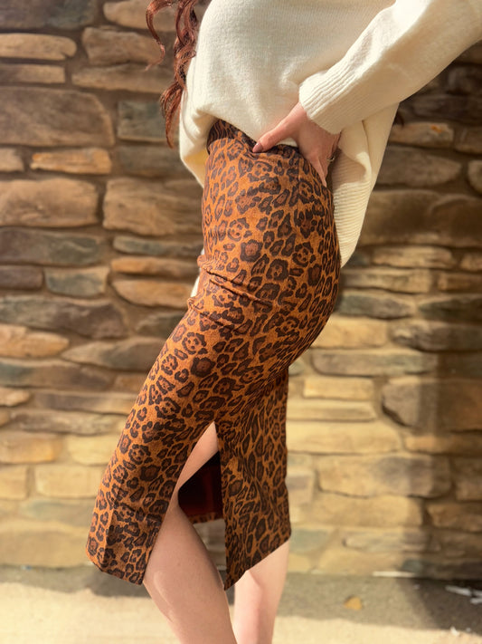 Leopard Print Suede Midi Skirt