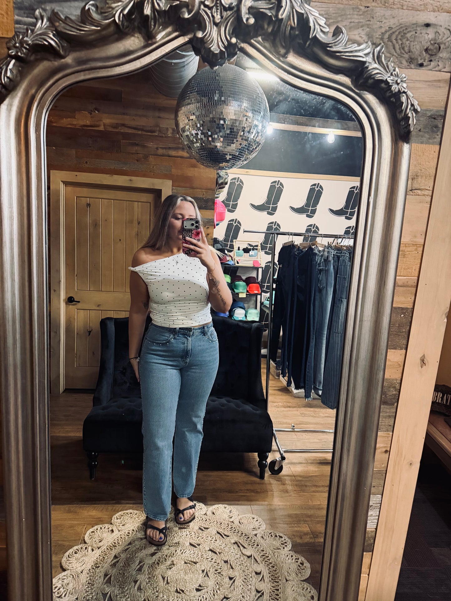 White Polka Dot Off The Shoulder Top