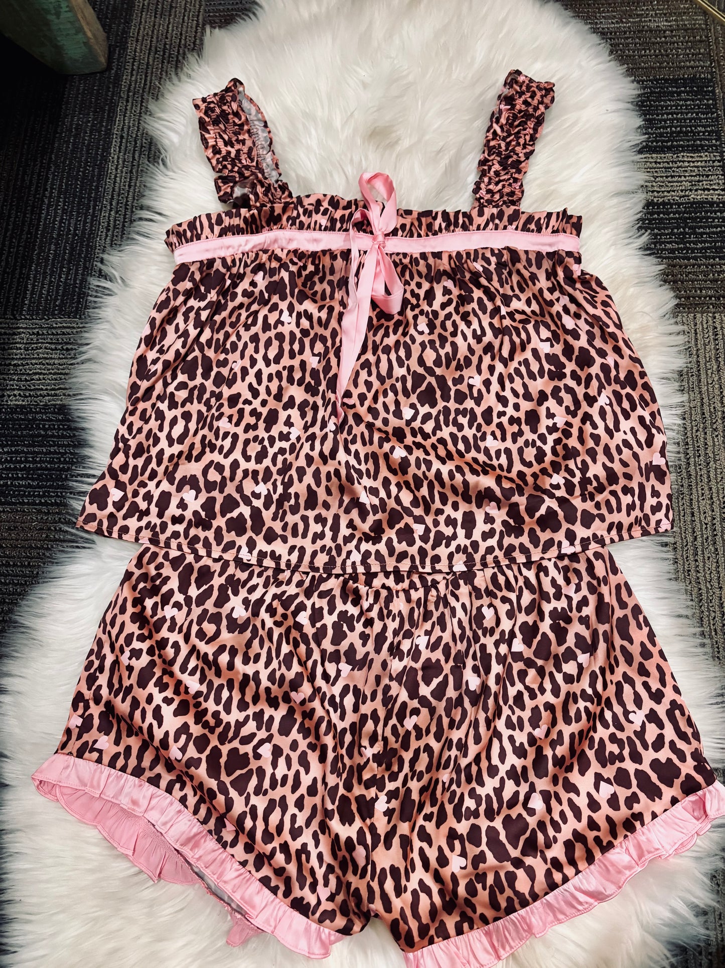 Leopard Ruffle Satin Ruffle PJ Set