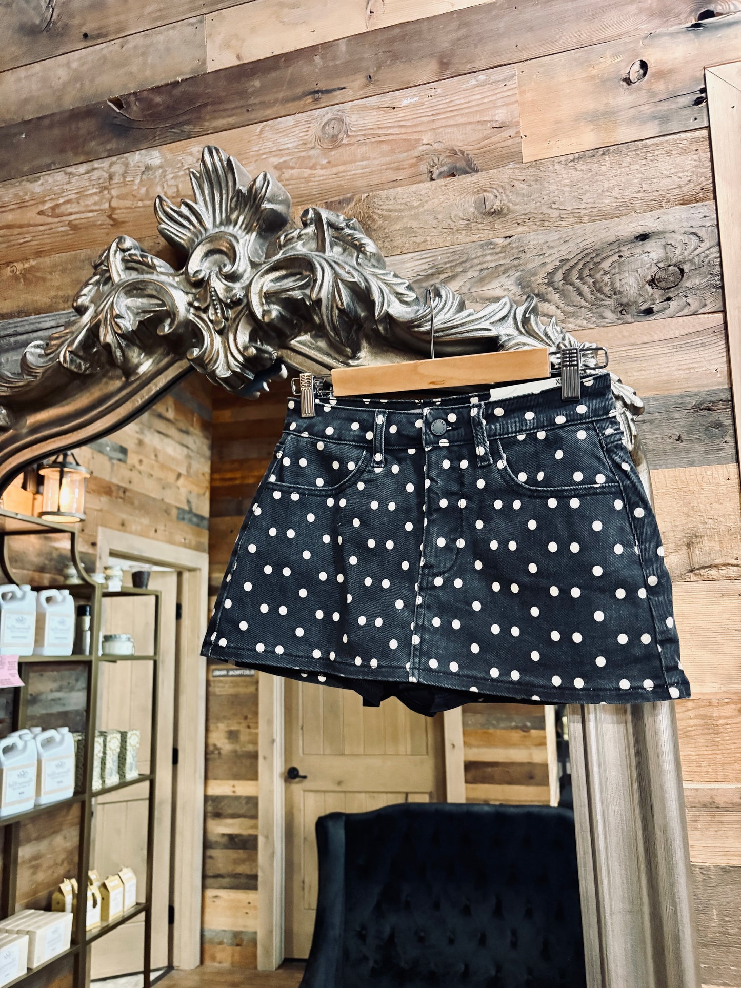 Black Denim Polka Dot Skort