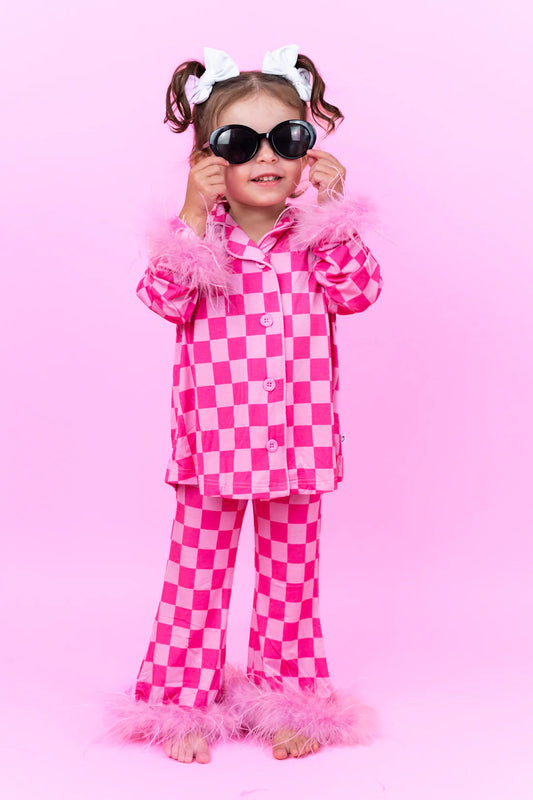 BUBBLEGUM CHECKERS GIRL’S FLARE FEATHERED DREAM SET