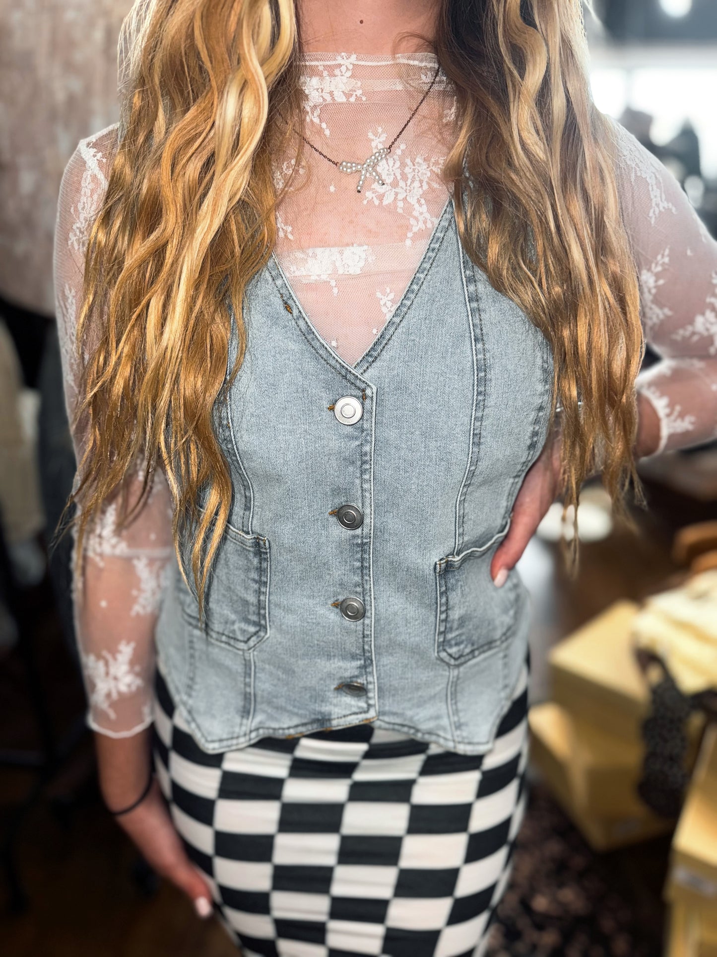 V Neck Denim Button Down Vest