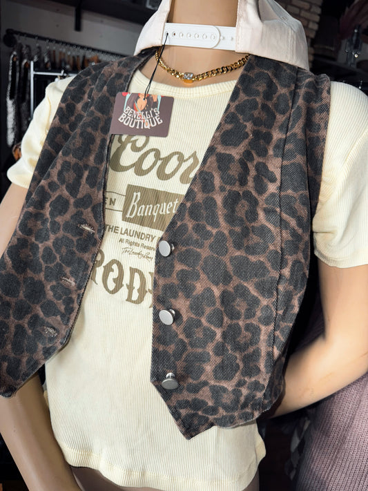 Denim Leopard Button Up Vest