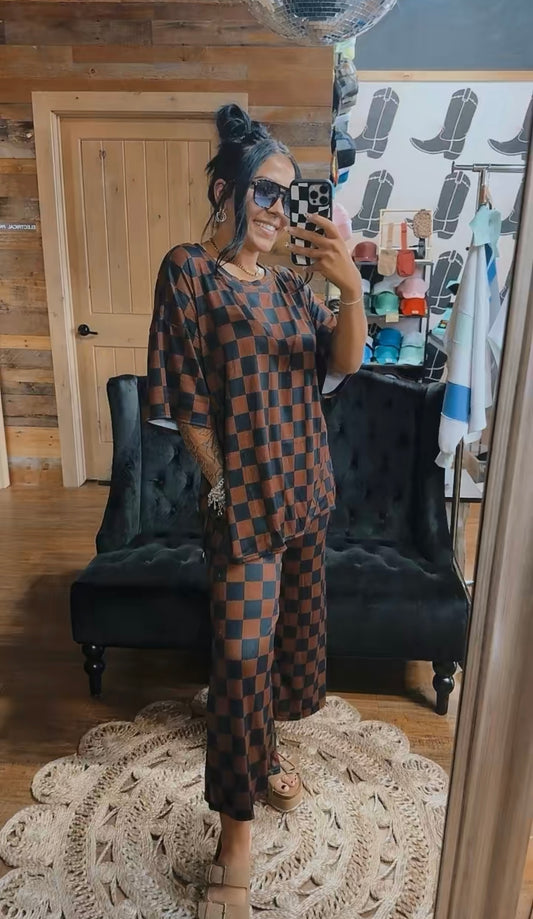 Ribbed Checkerboard Playsuit Set Black + Mocha