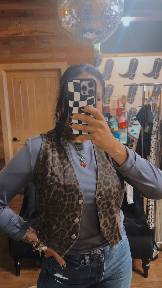 Denim Leopard Button Up Vest