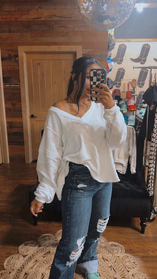 Oversized V-neck Solid Terry Tunic Top