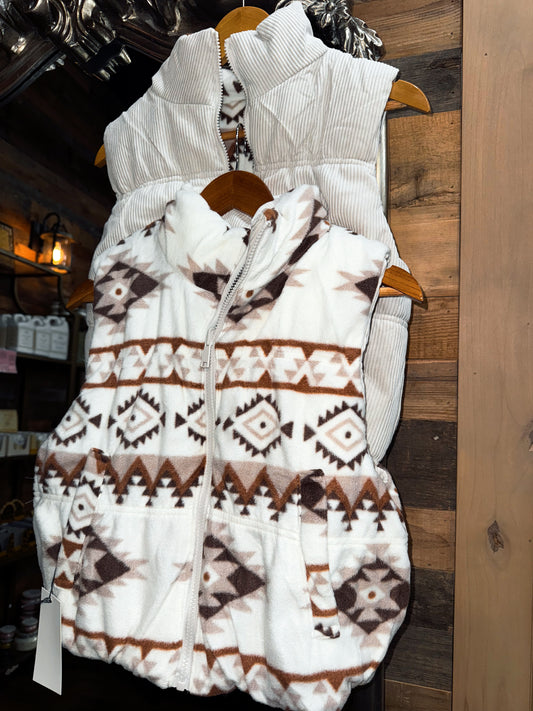 Ivory Reversible Aztec Corduroy Puffer Vest