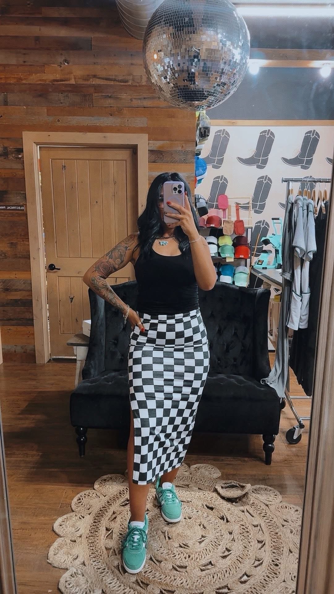 Checkered Pencil Skirt w/ Slit