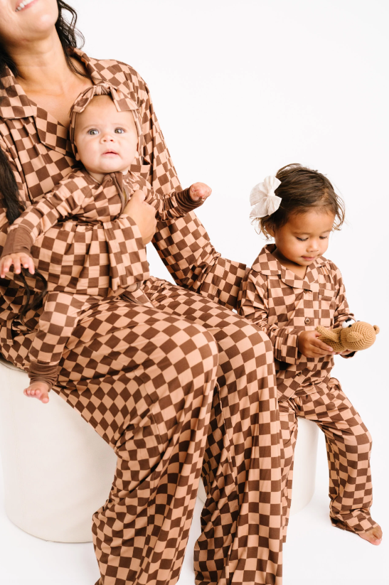 Espresso Checkered Women's Button Up Long Sleeve Set