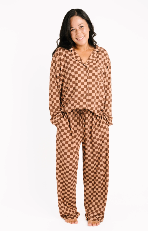 Espresso Checkered Women's Button Up Long Sleeve Set